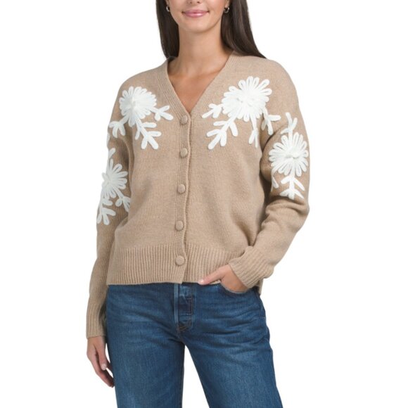 GREIGE Tan Embroidered Flower Covered Button Sweater - Picture 1 of 2
